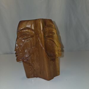 Vintage Signed 6" Wood Carving Multi Face Brutalist MCM Sculpture